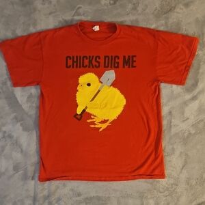 Playful Red T-Shirt with Chick and Shovel Graphic